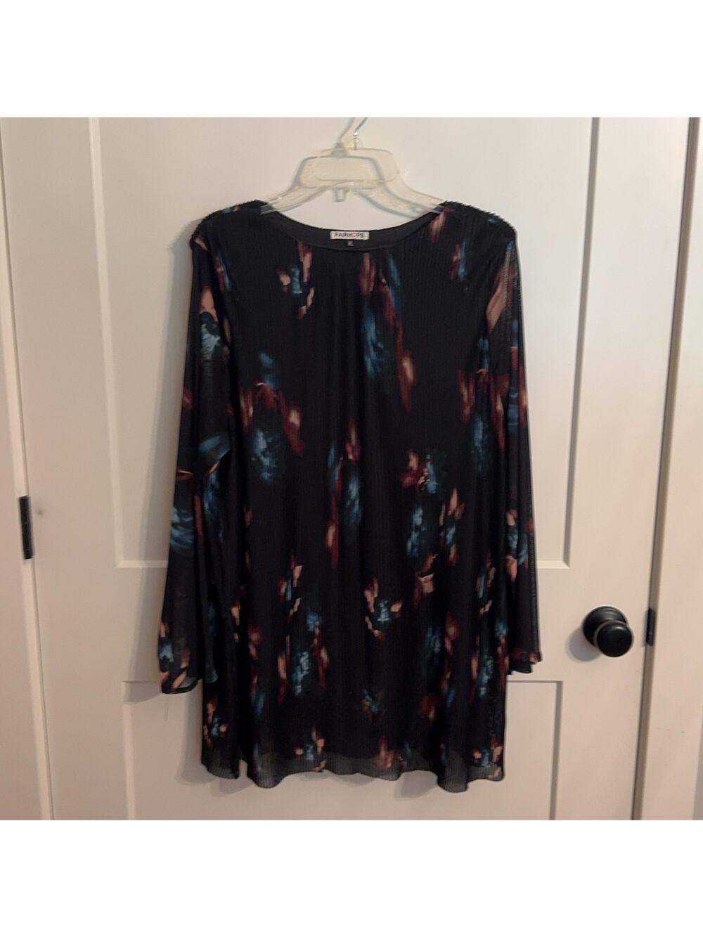 Fairhope Tunic Blouse Womens XL Black Floral Pleated Chiffon Lined Boho Top